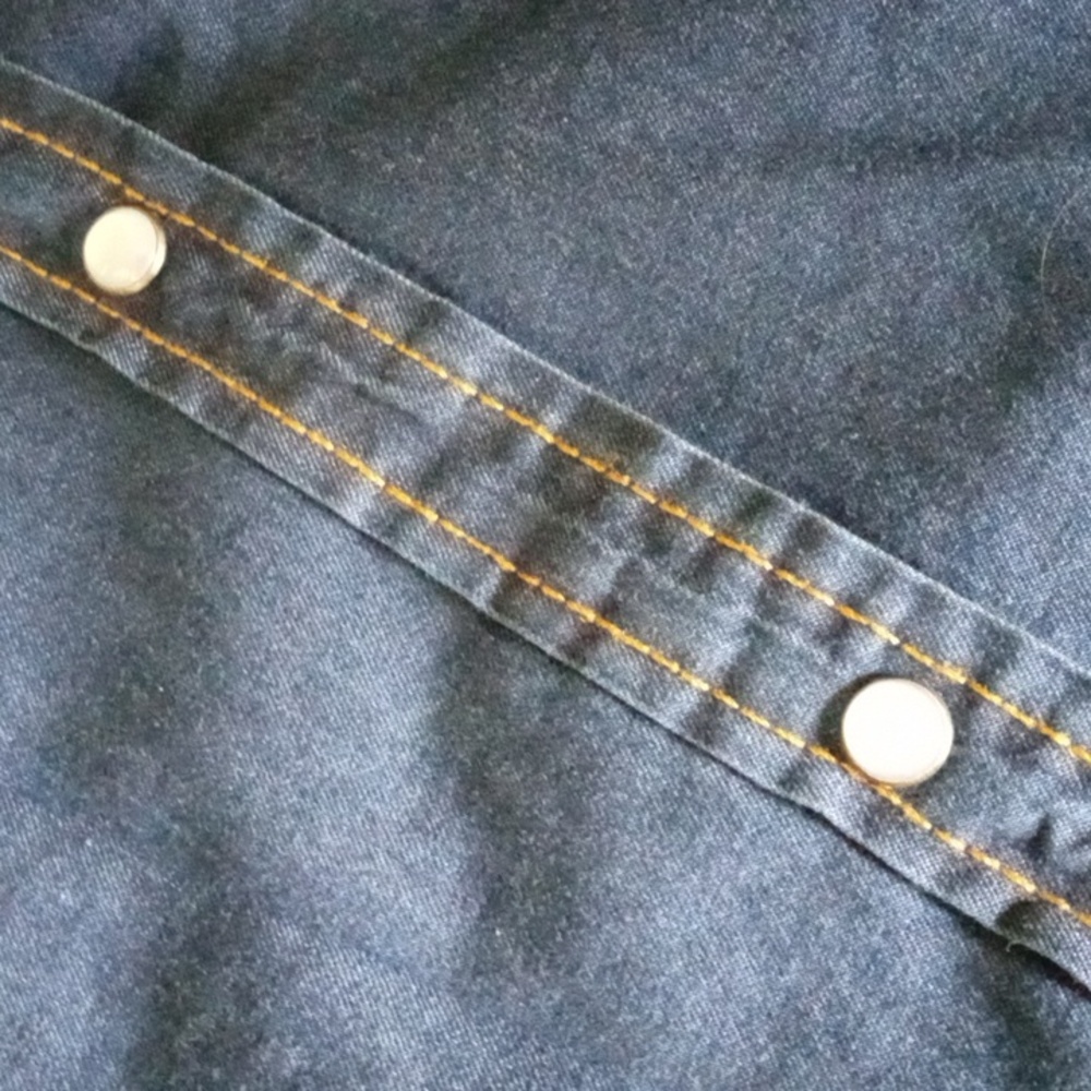 The Hanger Western style denim shirt pearlized snaps missing top snap - Picture 2 of 9